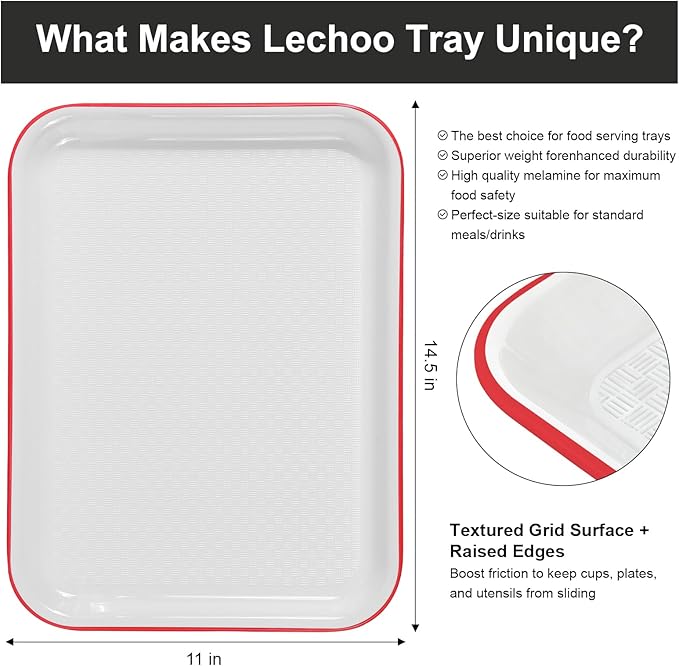 Non-Slip Melamine Serving Trays Set of 2, Rectangular Food Trays with Raised Edges, Stain Resistant White & Red Platters for Restaurant, Party, Home Kitchen, 14.5" x 11" Heavy Duty Trays
