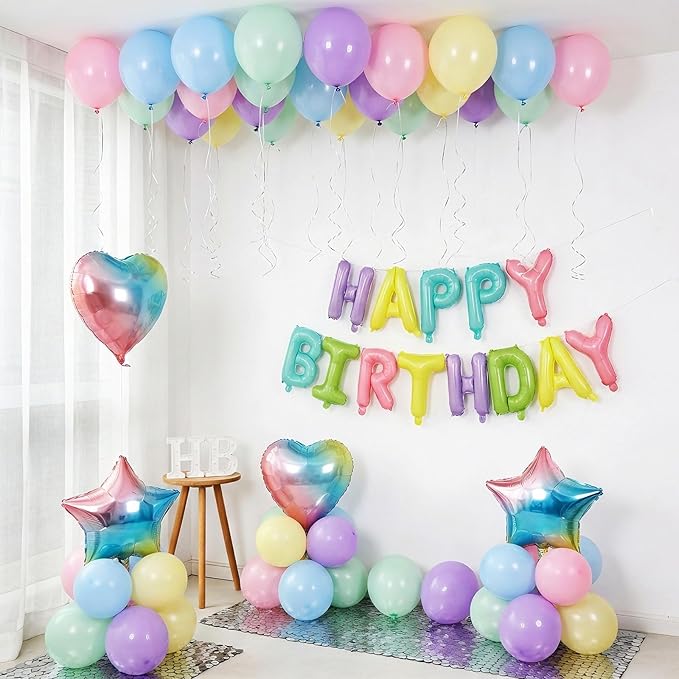 Pastel Rainbow Birthday Decorations,Pastel Blue Green Yellow Purple Pink Balloons Happy Birthdays Balloon Banner for Girls Boys Kids Birthday Baby Shower Party Decorations