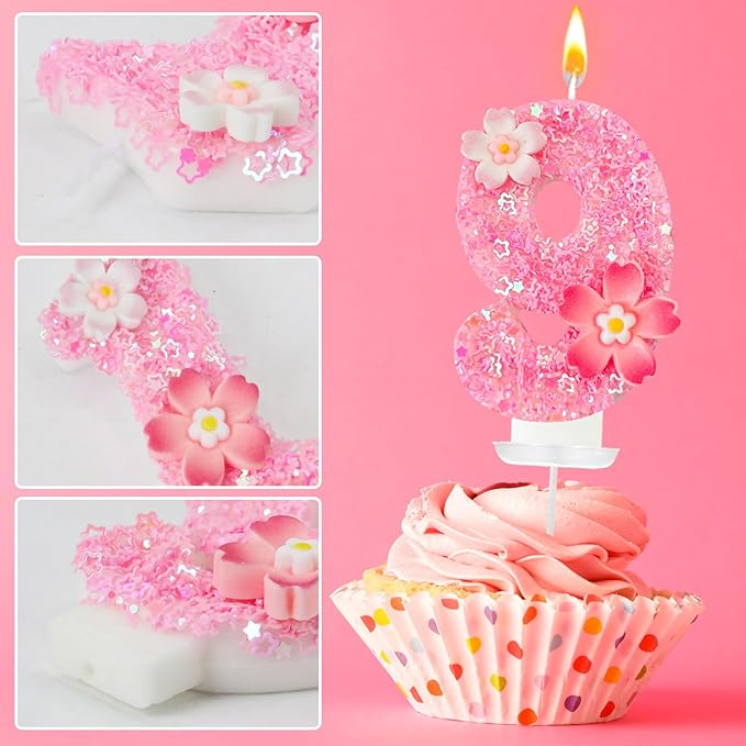 Pink Flower Birthday Candle,Number Birthday Candles for Cake, Ideal Birthday Parties Cake Decor, Wedding Anniversary and Other Celebrations (Number 9, Pink)