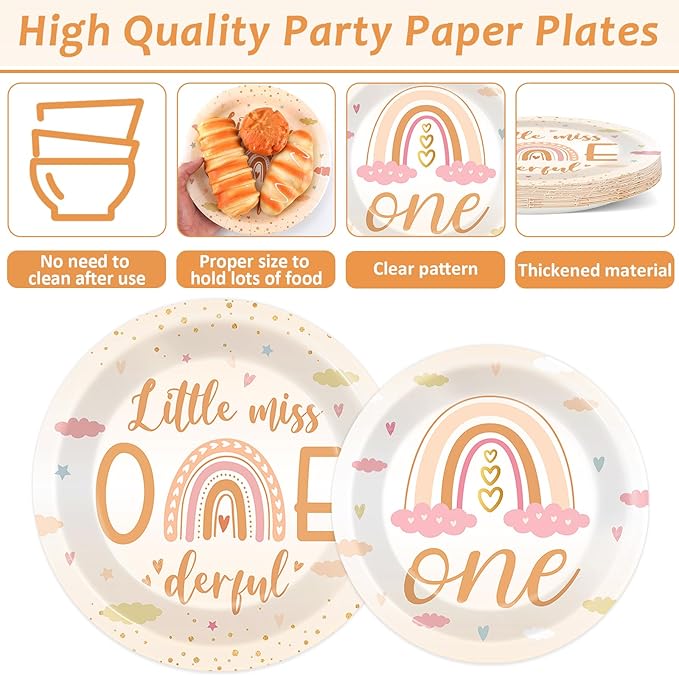 96Pcs Boho Rainbow Party 1st Decorations Miss Little One Derful 1st Themed Tableware Rainbow First Trip Birthday Plates Napkins Forks Onederful Dinnerware Supplies for Baby Shower Birthday Serves 24
