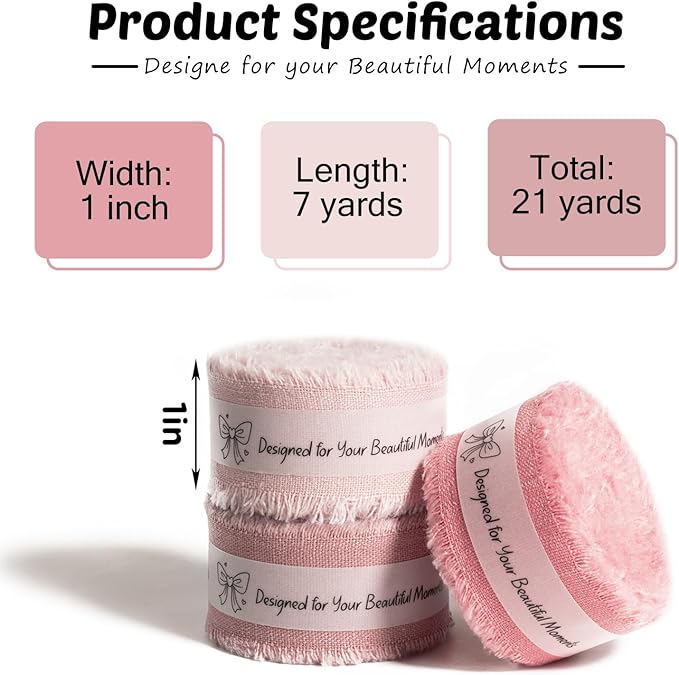 Pink Cotton Ribbon 1 Inch Pink, Baby Pink & Dusty Rose 3 Rolls 21 Yards Frayed Edge Fabric Set for Wedding Invitations, Bridal Shower, Baby Shower Decor, Bouquet Wrap & Gift Wrapping
