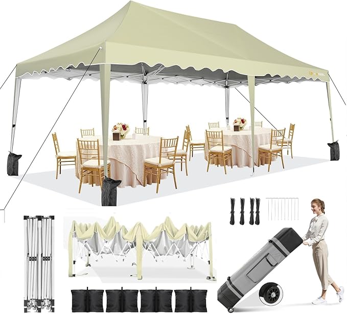 HOTEEL 10x20 Pop Up Canopy, Outdoor Easy Setup Party Tent, Waterproof Portable Enclosed Event Shelter with Wheeled Bag, Weight Bag for Backyard, Vendor, Khaki