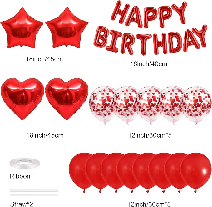 CANREVEL Happy Birthday Balloons Banner 16 Inch Mylar Foil Letters with Star & Heart Balloons Birthday Party Decorations for Men and Women - 30 Pcs Red