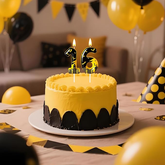 Black Yellow Number 6 Birthday Candle for Cake – Dark Night Hero Style with Bat & City Silhouette Design – Unique Cake Topper for Birthday, Anniversary, Themed Party Decoration