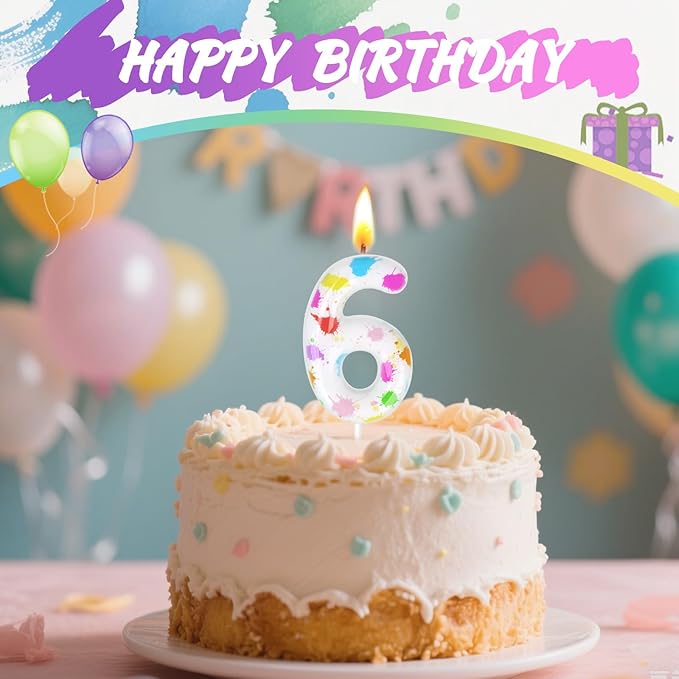 Paint Birthday Candles, Art Paint Party Decoration Supplies, Birthday Number Candles for Cake Topper (Multicolour, Number 6)