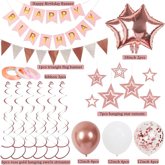 Rose Gold Birthday Decorations, Happy Birthday Banner and Rose Gold Star Balloons, Glitter Hanging Stars with Hanging Swirls, Bunting Banner, for Women Girls Party Decoration