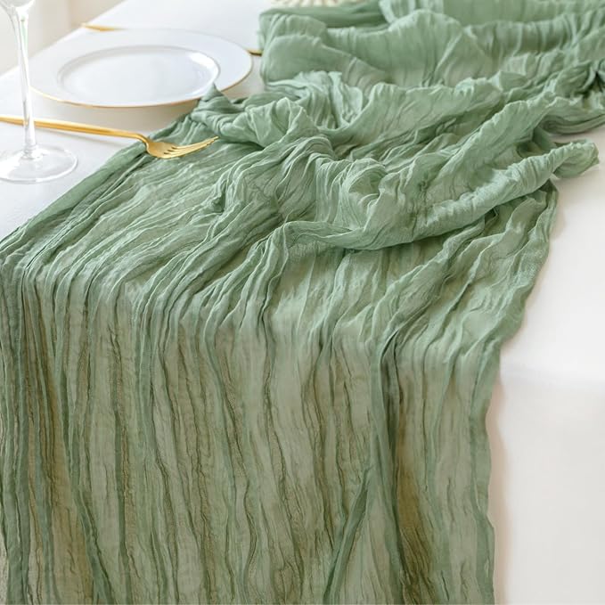 Sioloc Sage Green Cheesecloth Table Runner 120'' x 35'',Spring Easter Decor Soft Gauze Boho Wedding Table Decor for 10ft Table Birthday Party,Baby Shower, Bridal Shower, Home & Event Decor