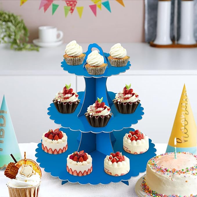 Soleebee 3-Tier Cupcake Stand, Cardboard Cupcake Tower, Dessert Cup Cake Stand Tower for Birthday Wedding Party Decoration, Cupcake Tier Stand 1 Set (Dark Blue)
