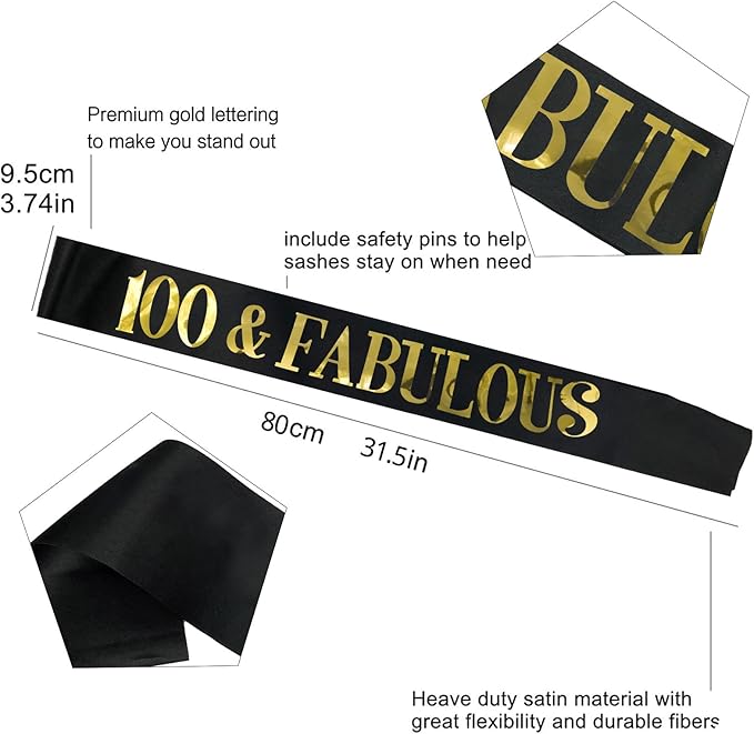 100th Birthday Tiara and Sash Kit - '100 & FABULOUS' Black Sashes and Gold Rhinestone Birthday Crown for Women