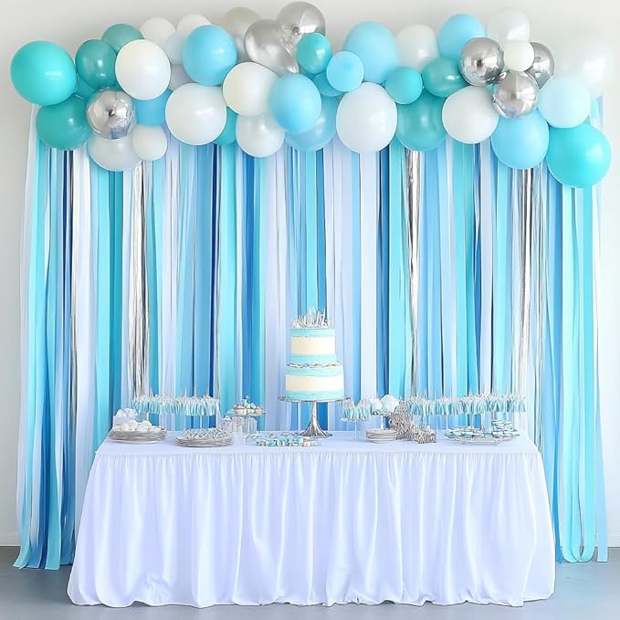 Captain Décor 6 Light Blue Streamers with Silver & White – 492ft Crepe Paper Rolls for Party & Birthday Decorations in Baby & Blue Accents