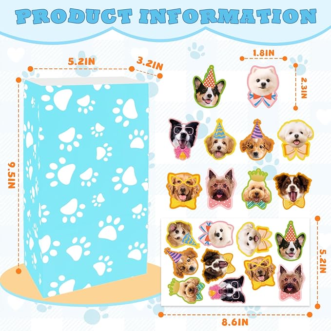 PWZZZAWP 36 Pcs Dog Paw Print Gift Bags with Cute Dog Stickers - Dog Party Favors for Puppy | Pet Themed Goodie Bags for Doggy Lovers, Blue Paper Treat Bags for Pet Party Supplies & Gift Wrapping