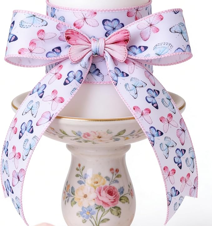 Meseey Spring Wired Edge Ribbon Pastel Butterfly Summer Decoration Ribbons for Wreaths, Crafts, Garlands, Gift Wrapping (Gradient Butterfly, 2.5 Inch)