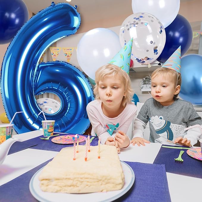 6th Birthday Balloon - Metallic Dark Blue & Navy Blue 40 Inch Self Inflating Number 6 Mylar Balloon with Silver Confetti for Boys & Girls Birthday Party Decorations