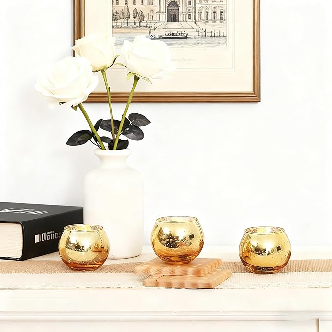 12 PCS/Set Gold Round Mercury Glass Candle Holders, Candle Holders for Table, Baby Shower,Anniversary, Wedding, Home Decor, Halloween, Christmas