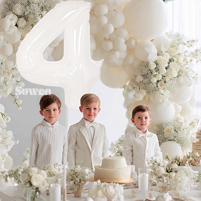 SUWEN 40 Inch White Large 4 Balloon Number Big Foil Helium Number Balloons 0-9 Giant Jumbo Happy 4th Birthday Party Decorations for Boy or Girl Huge Mylar Anniversary Party Supplies