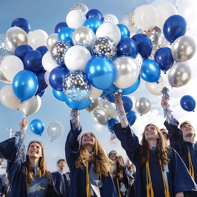 Blue White Silver Confetti Balloons - 50pcs 12" Metallic Blue Silver and Clear White Confetti Latex Balloons for Graduation Father's Day Birthday Wedding Anniversary Bridal Shower Party Decorations