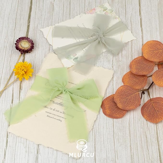 Sage Green Chiffon Ribbon 1.5 Inch x 21Yds Handmade Fringe Chiffon Silk Ribbon Sage Green/Desert Sage/Cream Frayed Chiffon Ribbon for Wedding Invitation Flower Bouquets Bridal Shower Gift Wrapping