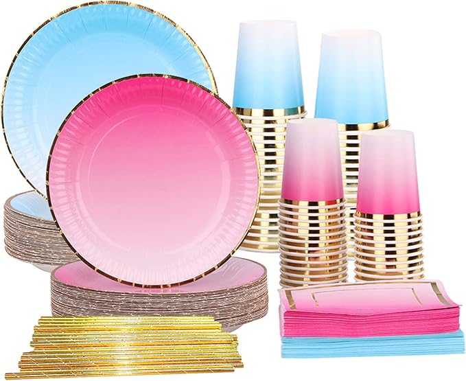 Ottin Gender Reveal Party Decorations 250 Pcs Pink and Blue Party Supplies Paper Plates and Napkins Set for Boy or Girl Birthday Wedding Bridal Shower