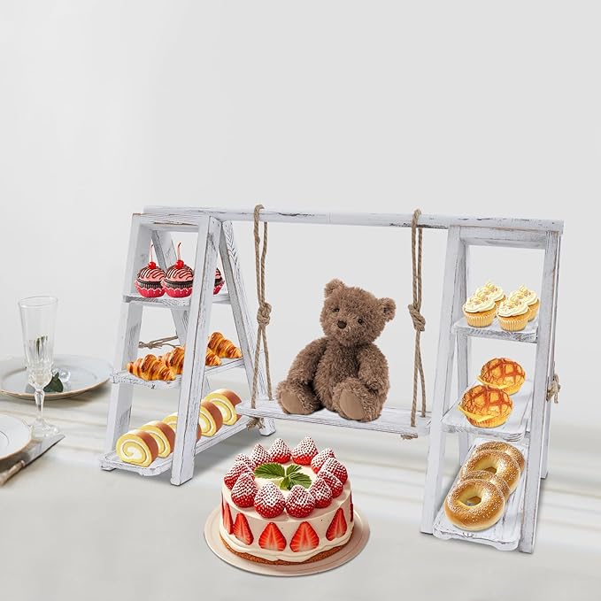 mignonnememe Wooden Cupcake Stand 3 Tier Cake Pop Stand Dessert Table Display Set with Serving Tray and Folding Stand for Party Birthday Wedding (White)