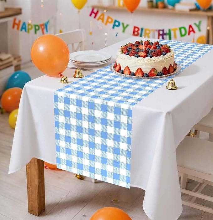12 Pcs Light Blue and White Checkered Table Runner Plastic 14 x 108 Disposable Baby Blue Gingham Table Runner for Birthday Wedding Baby Shower Party Table Centerpiece Decorations
