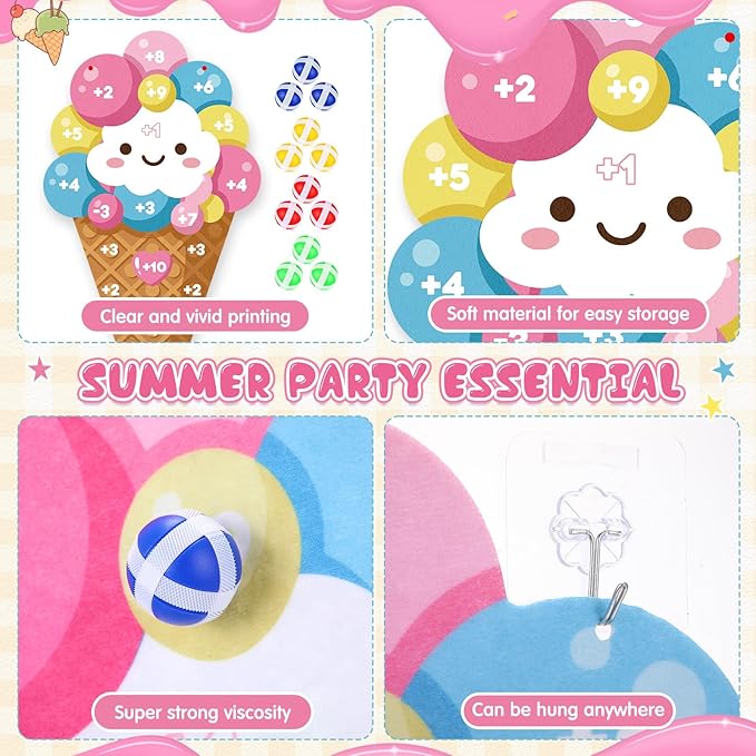 Seenelling Ice Cream Party Game 26 x 14 Ice Cream Dart Board with 12 Sticky Balls Toys Summer Games Two Sweet Birthday Decorations Three Scoops of Fun Birthday Decor Party Favors