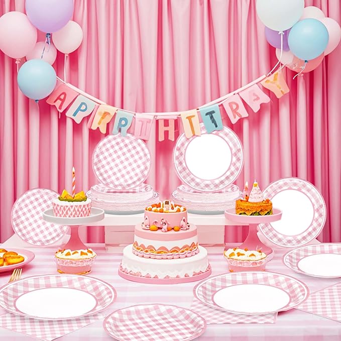 96 Pcs Pink Gingham Party Supplies 350 GSM Disposable Pink and White Buffalo Checked Paper Plates and Napkins Tableware Set for BBQ Picnic Baby Shower Birthday Party Decorations Serves 24