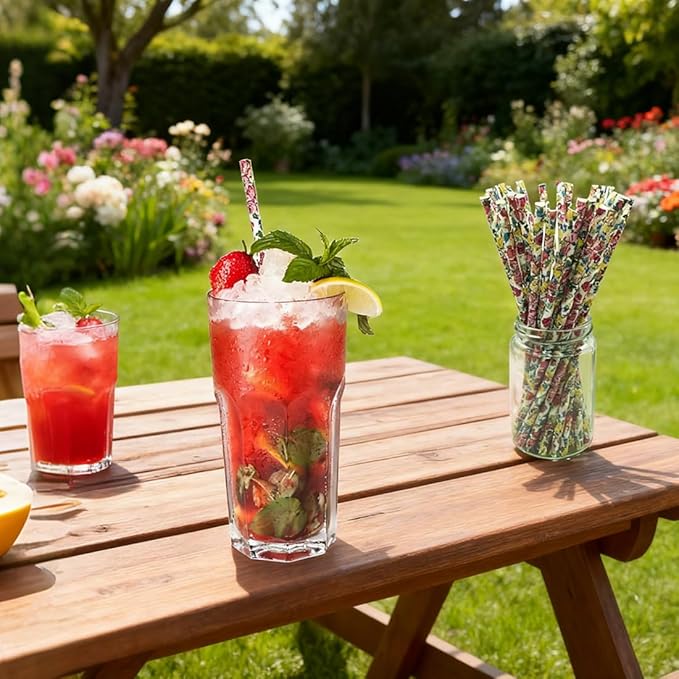 100 pcs Colorful Rose Flower Paper Straws, Green Pink Red Yellow Blue Purple Colored Floral Leaf Drinking Straws, Garden Tea Party Wedding Spring Summer Valentine Decor Cake Pop Sticks (Flower 011)