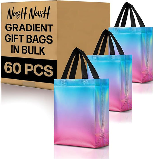 Nush Nush Aqua to Pink Gift Bags With Holographic Finish - Set of 60 Reusable Gift Bags Bulk Medium Size - Party Favor Bag Set For Small Business, Birthday, Bridal and Baby Shower, Events - 8Wx4Dx10H