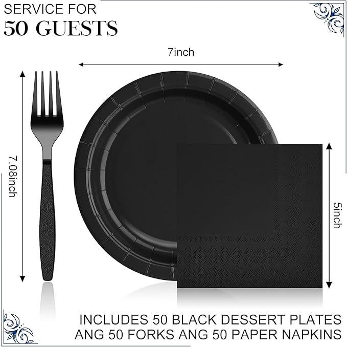 Black Paper Plates and Napkins Party Supplies-50 x 7''Dessert Plates & 50 x 5''Napkins & 50 x 7.3''Forks, Disposable Paper Tableware Set for Birthday, Retirement, Graduation, Father's Day