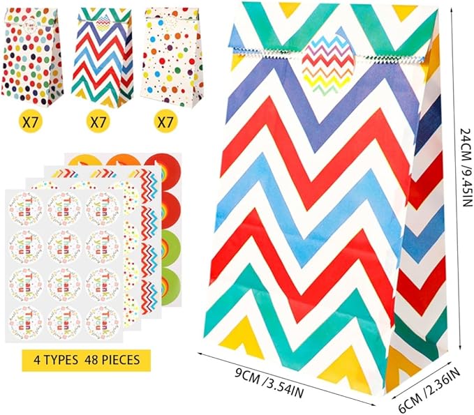 CXWPDD 21 Pack Paper Favor Birthday Bags with 48 Stickers Rainbow Dots and Stripe Party Bags Gift Treat Candy Bags for Baby Shower Wedding Christmas Valentines' Day Christmas 3.54 × 2.36 × 9.45"