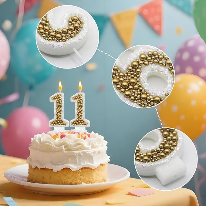 11 Birthday Number Candle for Cake, Glitter Number Candle with Gold Beads, Decorative Cake Topper for Milestone Celebrations