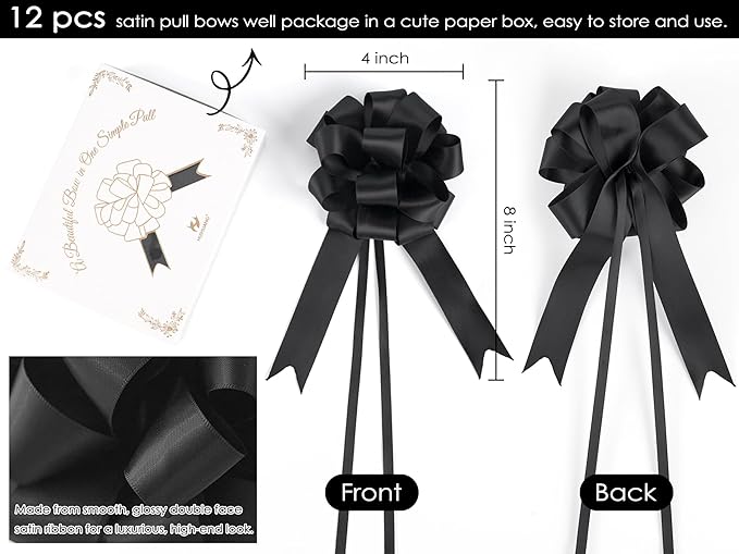 HUIHUANG Black Bows for Gift Wrapping 12 PCS Black Satin Pull Bows 4 inch Gift Bow for Presents, Gift Basket, Paper Bag, Wrapping Accessories, Birthday Wedding Party, Christmas Decor