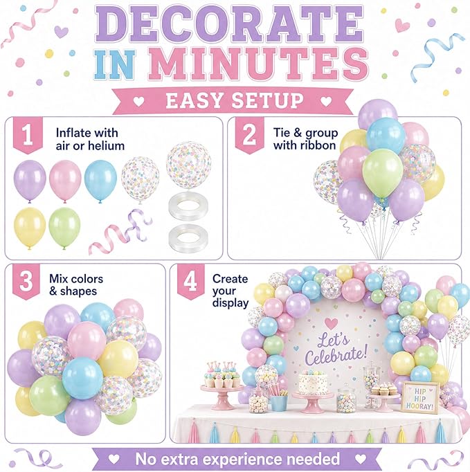 Pastel Balloons, 60Pcs Colorful Balloon, 12 Inch Latex Pearl Yellow Purple Pink Blue Green Multicolor Confetti Balloons Helium for Kids Baby Shower Birthday Wedding Easter Pastel Party Decorations