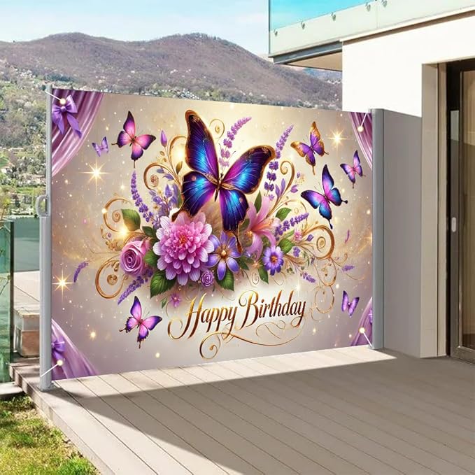 Happy Birthday Banner Colorful Butterfly and Floral Design Elegant Garden Style Wall Hanging for Birthday Party Celebration Home Decoration 70.87 x 43.31 Inch