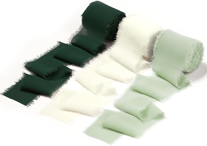 DORIS HOME 2" x21Yd Chiffon Ribbon for Flower Bouquet, Green & Cream Fabric Ribbon for Gift Wrapping, Handmade Frayed Ribbon for Wedding/Christmas Decorations