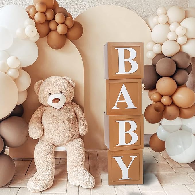 Teddy Bear Baby Shower Boxes Decorations, 4pcs Brown Baby Shower Blocks with Letters, Baby Shower Balloon Paper Boxes for Woodland Baby Shower Decor Boys Girls Gender Reveal Backdrop