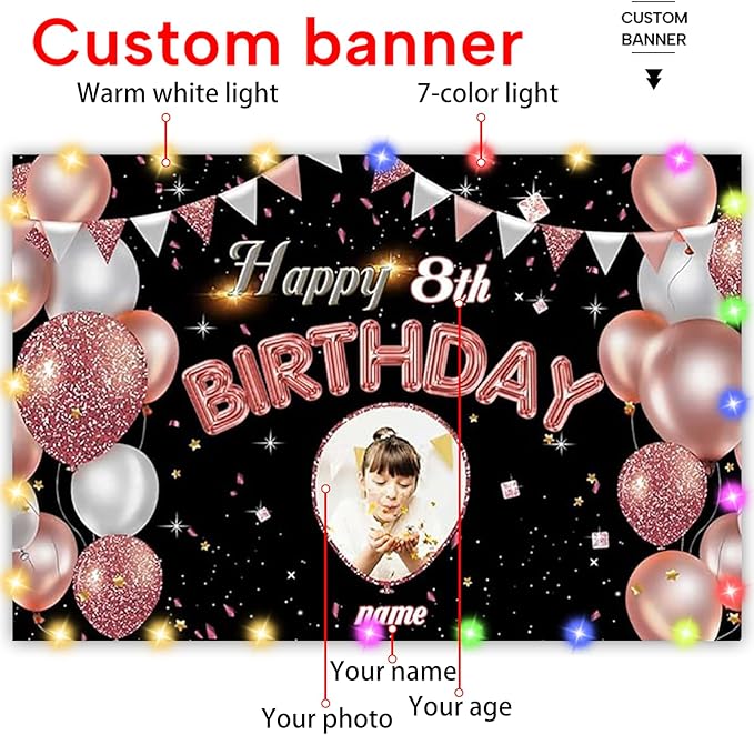 Custom Rose Gold Happy Birthday Banner Backdrop Personalization Large Happy Birthday Yard Sign backgroud It's My Birthday Backdrop Indoor Outdoor Decoration Supplies for Women Girl