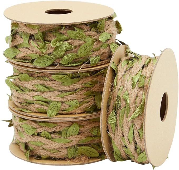 Juvale Burlap Leaf Ribbon - Jungle, Safari & Fairy Party, Enchanted Forest Decor, Vines for Crafts (4 Rolls, 65.6 Ft Total)