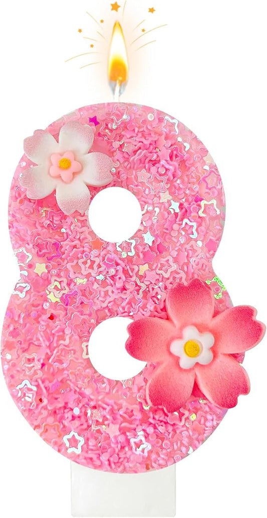 Pink Flower Birthday Candle,Number Birthday Candles for Cake, Ideal Birthday Parties Cake Decor, Wedding Anniversary and Other Celebrations (Number 8, Pink)