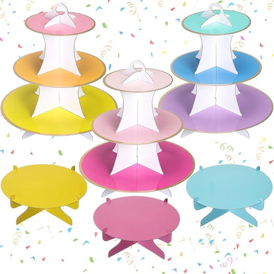 6 Pieces Colorful Cupcake Stand Set 3 Tier Cardboard Dessert Tower 1Tier Cupcake Display Stand Serving Cupcake Holder for Birthday All Themed Party Events Cake Display, Pink, Blue, Yellow