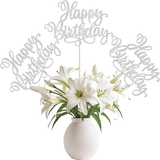 12 PCS Happy Birthday Centerpieces Sticks Double Sided Glitter Birthday Party Decorations Anniversary Table Flower Centerpiece for Celebrating Birthday Party Centerpieces Supplies Silver