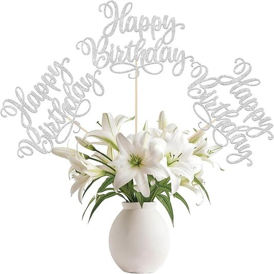 12 PCS Happy Birthday Centerpieces Sticks Double Sided Glitter Birthday Party Decorations Anniversary Table Flower Centerpiece for Celebrating Birthday Party Centerpieces Supplies Silver