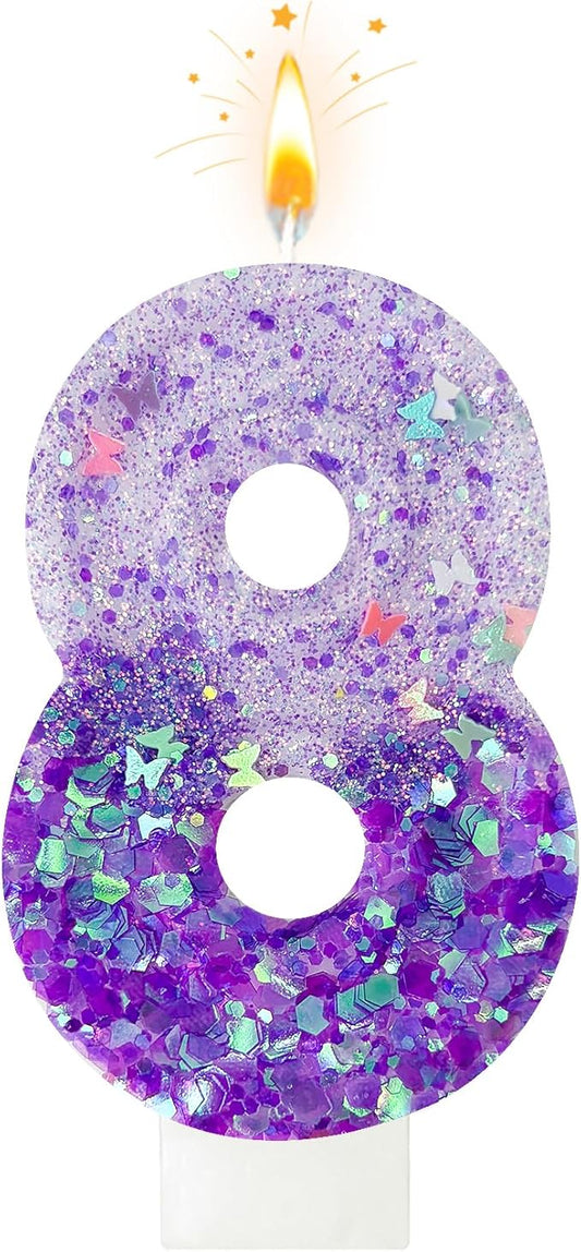 Purple Sequin Birthday Candles, Cake Number Candles, Girls 0th Birthday Decorations, Suitable for Birthday Parties, Anniversary Party Decorations(8)