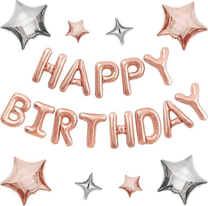 CANREVEL Happy Birthday Banner 13pcs 16 Inch Mylar Foil Letters Sign with 8pcs Star Balloons Birthday Party Decorations for Kids and Adults - 3D Rose Gold