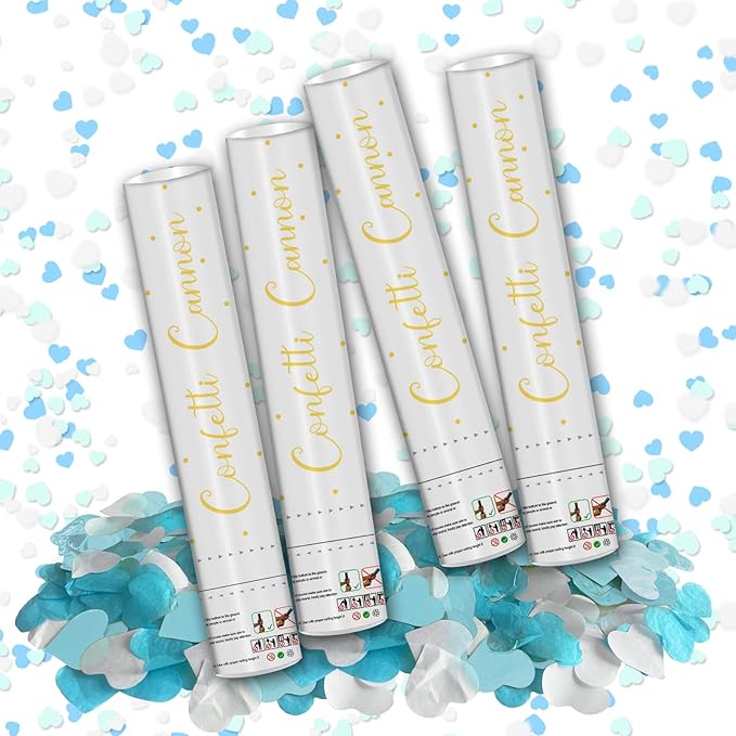 12" Confetti Cannons with Blue & White Heart Filling - Party Poppers for Gender Reveal Baby Shower Bridal Shower Valentine Wedding Anniversary - Easy to Use,Biodegradable Confetti - Pack of 4