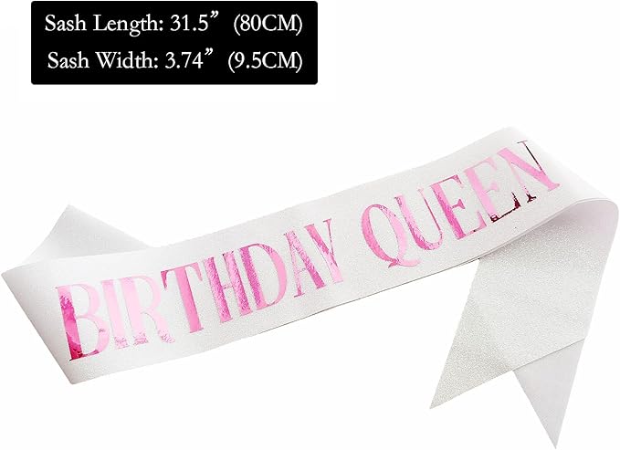 Birthday Queen Sash, Pink Foil Letter Glitter White Birthday Sash for Women 21st 30th 40th 50th 60th Gifts Fun Bday Party Favors Decorations