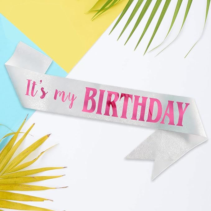 It's My Birthday Sash, Pink Foil Letter Glitter White Birthday Sash for Women Girl Kids Teenager Funny Bday Gifts Party Favors Photo Prop