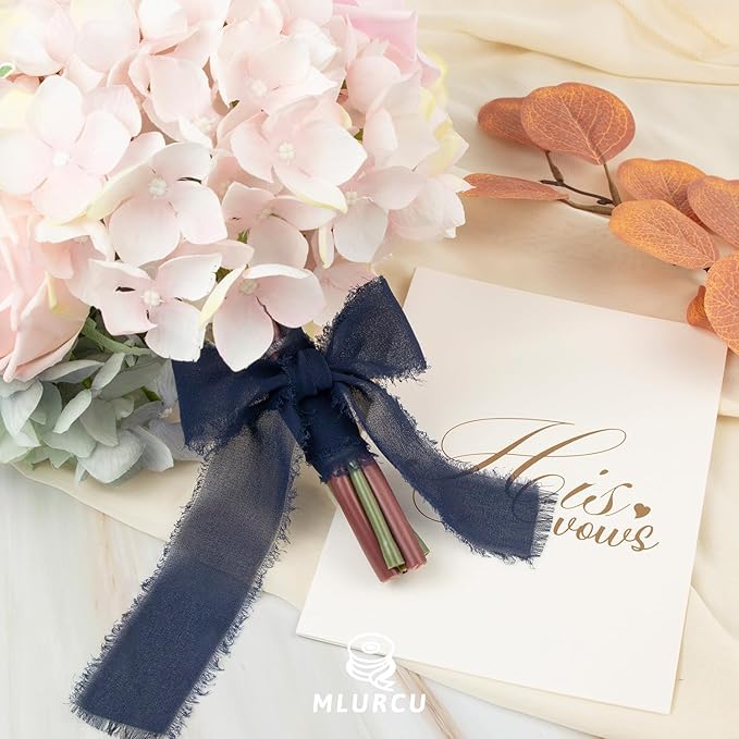 Navy Blue Chiffon Ribbon 1-1/2 Inch x 21 Yards Handmade Fringe Chiffon Silk Ribbon Frayed for Wrapping, Wedding Invitation, Bridal Flower Bouquets, Crafts
