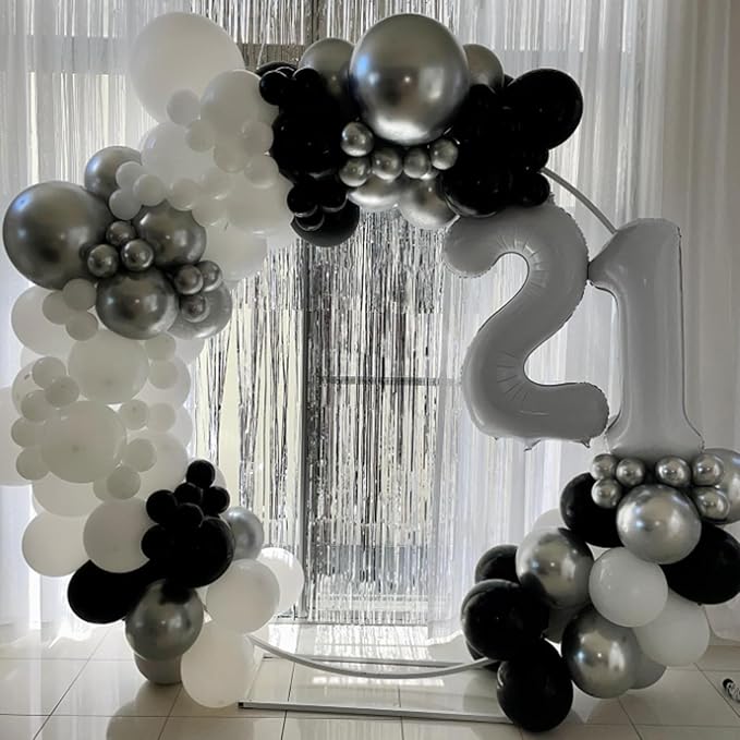 Black and Silver Balloons, 60pcs 12 Inches Black White Silver Confetti Balloons with 1 Ribbon for Birthday, Baby Shower, Wedding, and Silver Theme Party Decoration