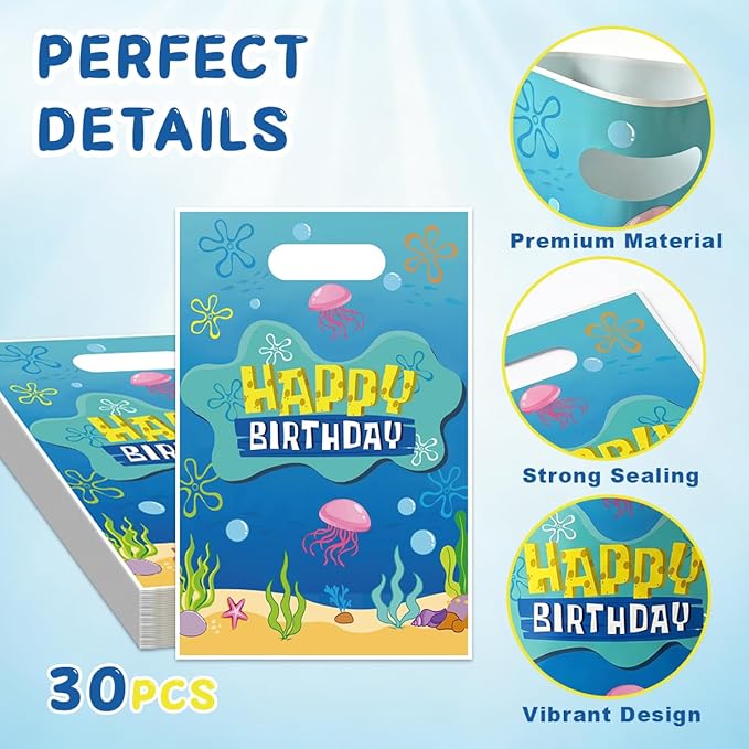 Zeroom Sponge Birthday Party Favor Bags with Handles, 30 Pcs Ocean Theme Birthday Decorations Goodie Goody Bags, Candy Treat Gift Loot Bags for Kids Party Supplies